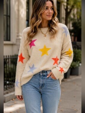 ShopEvelynne Cream Star Pattern Sweater with Multicolor Stars